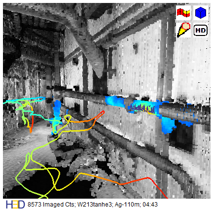 An image from GammAware showing hot spots from pipes and a dose-rate colored detector path